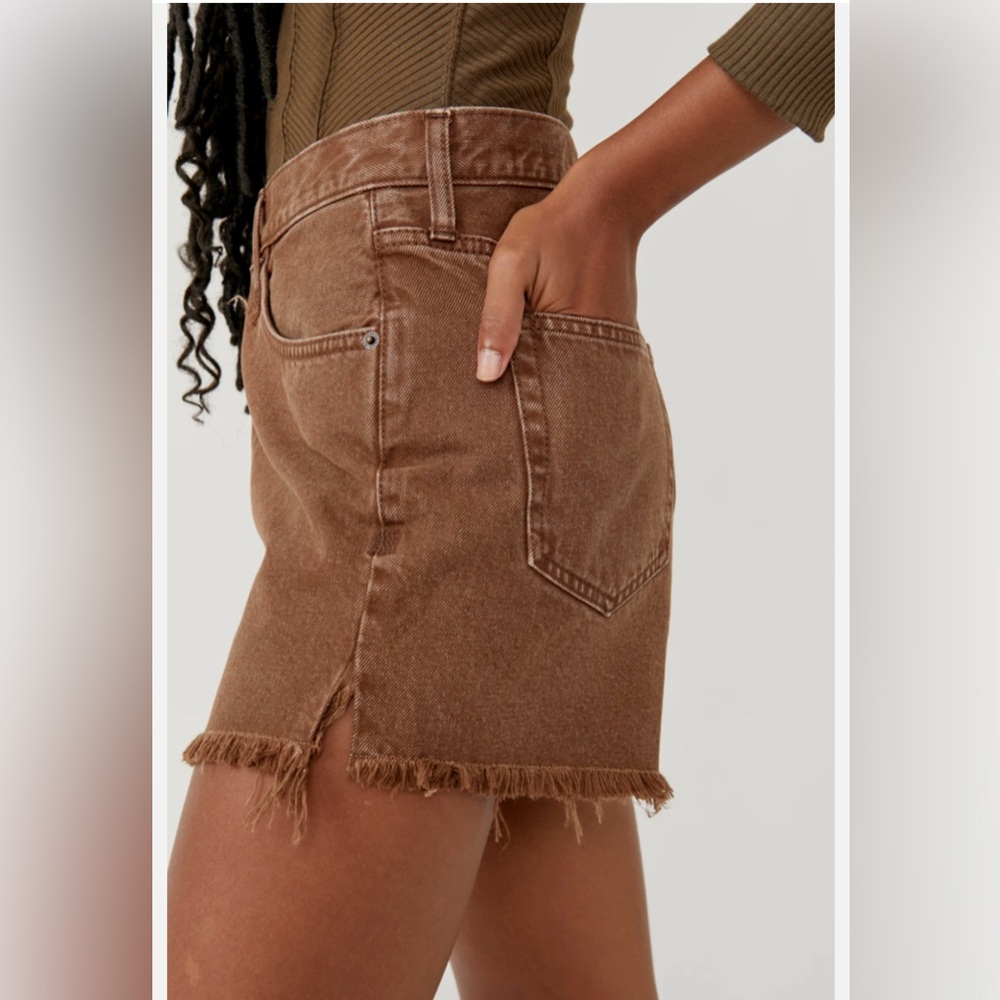 Free People Brown Frayed Hem Denim Shorts with Side Slit